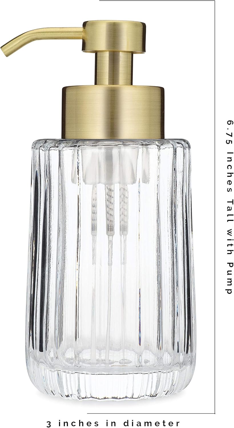 Rail19 Flora Fluted Foaming Soap Dispenser | Vintage-Inspired Modern Glass Refillable Pump Bottle for Bathroom Vanity Countertop and Kitchen, 10oz (Gold)